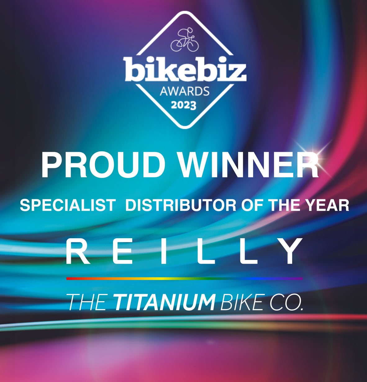 Bikebiz Awards logo with the wording Proud Winner Specialist Distributor of the Year.  There is a lens flare on the wording Winner.