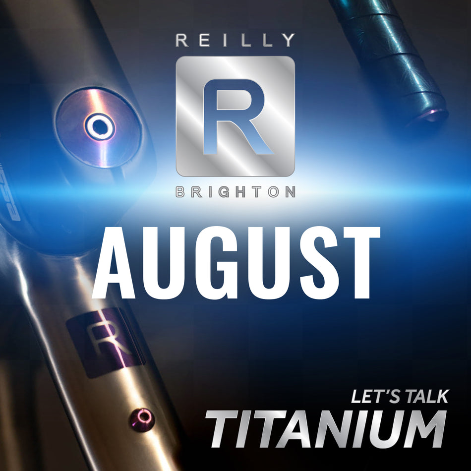 Blue background with Reilly R logo and the toptube of a Reilly bike with a purple R. Wording bottom right Let's Talk Titanium. August.