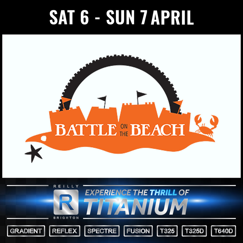 Battle on the beach logo with Sat 6 - Sun 7 April on the top and Reilly bike information at the bottom.  