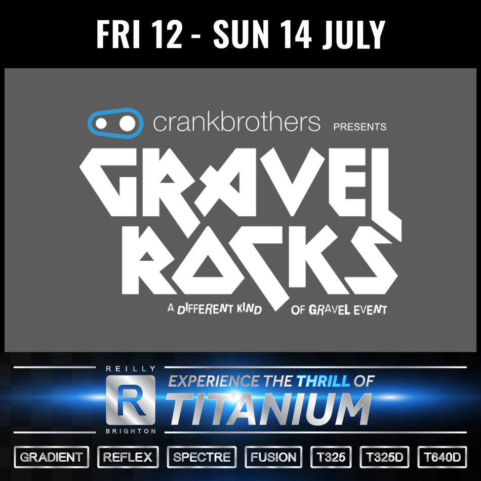 Gravel rocks gravel event logo in chunky font with Fr 12 - Sun 14 July on the top and Reilly titanium bike information at the bottom.  