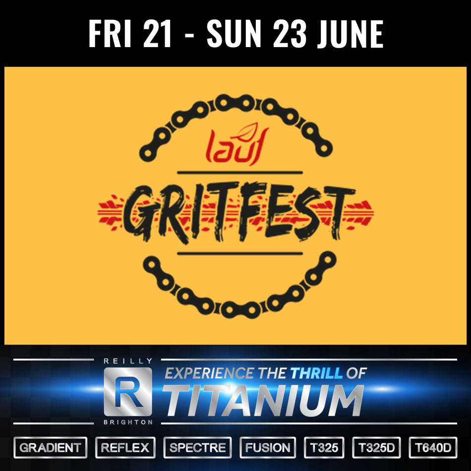Gritfest logo which includes a bike chain with Friday 21 - Sun 23 June on the top and Reilly titanium bike information at the bottom.  
