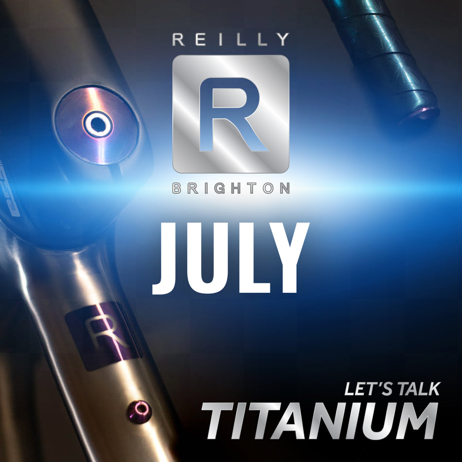 Blue background with Reilly R logo and the toptube of a Reilly bike with a purple R. Wording bottom right Let's Talk Titanium. July.