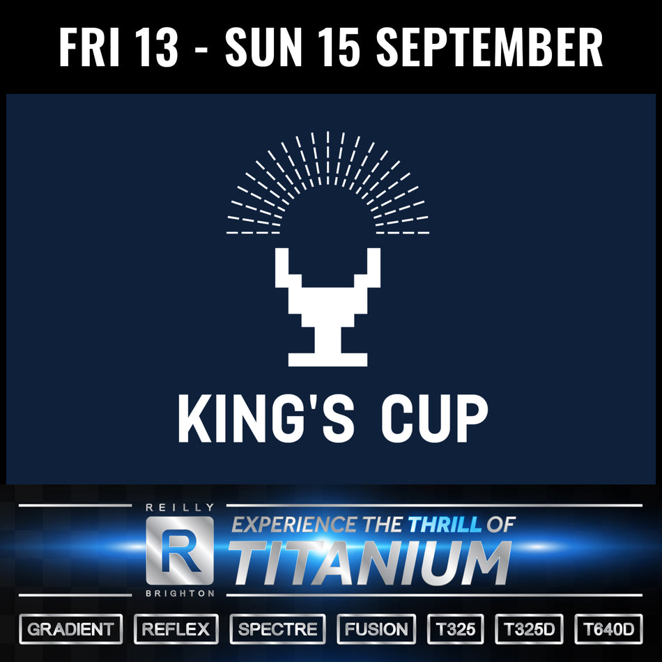 King'sCup logo, a cup with half a sun above.  Friday 13 - Sun 15 September at the top and Reilly titanium bike information at the bottom. 