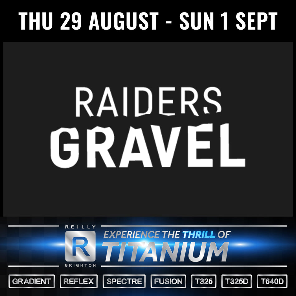 Raiders Gravel logo with Thur 29 August - Sun 1 Sept at the top and Reilly titanium bike information at the bottom.  