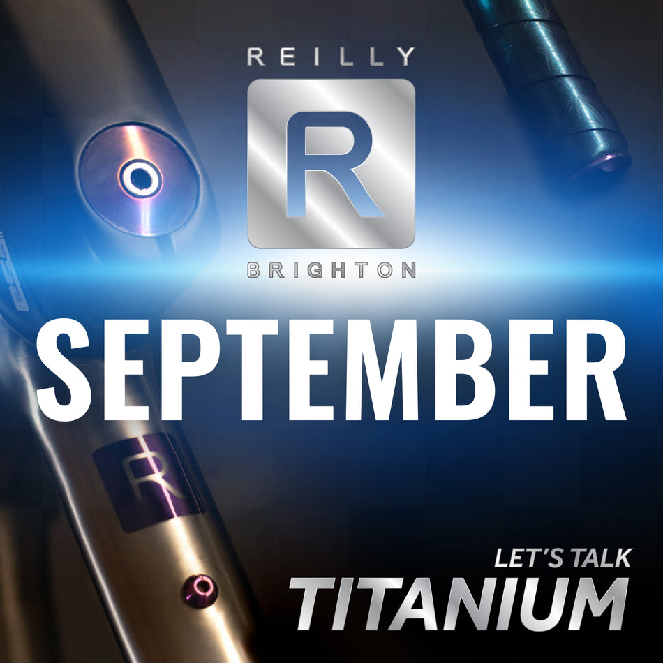 Blue background with Reilly R logo and the toptube of a Reilly bike with a purple R. Wording bottom right Let's Talk Titanium. September.