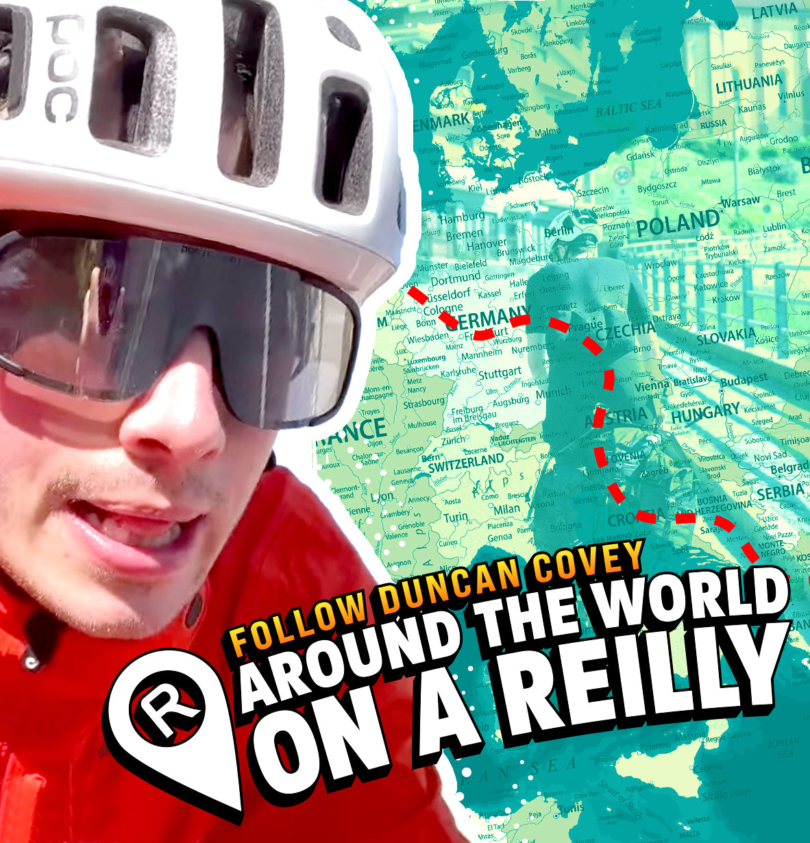 Man in cycling helmet next to a map with the wording Follow Duncan Covery round the world on a Reilly.
