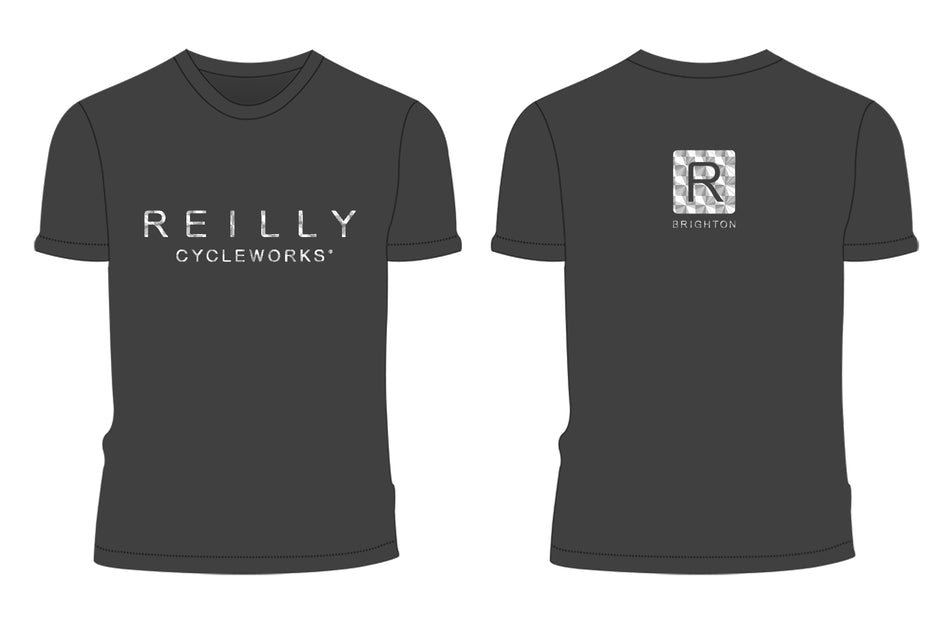 Reilly branded black Tshirt with Reilly logo in holographic print front and back 