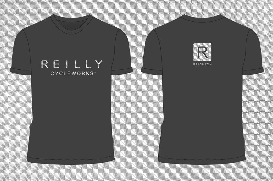 Reilly branded Tshirt front and back on holographic background