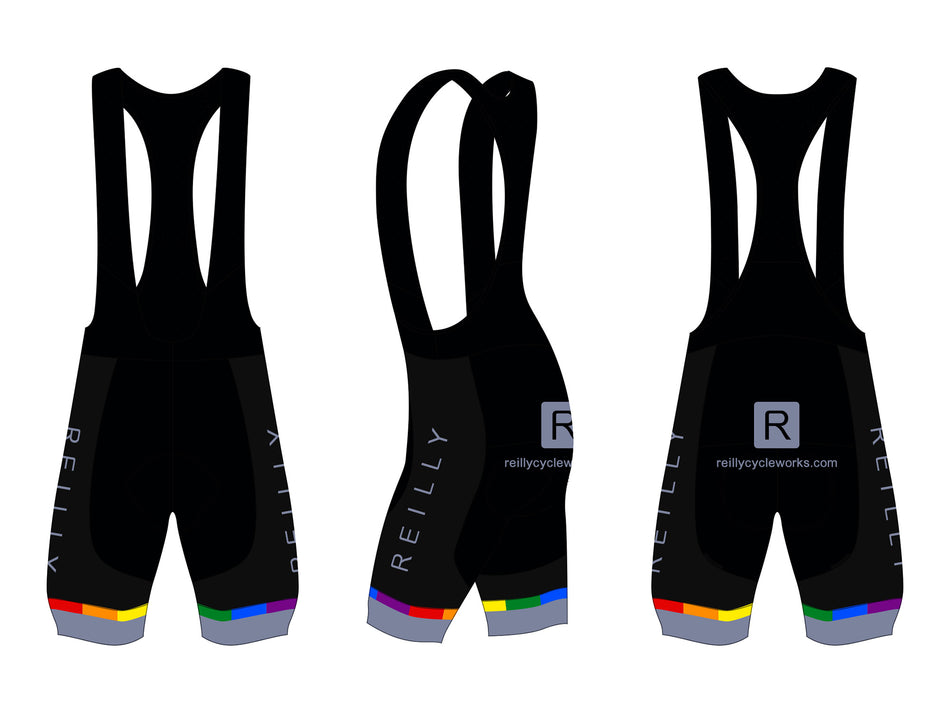 Reilly branded bib shorts, front back and sides.