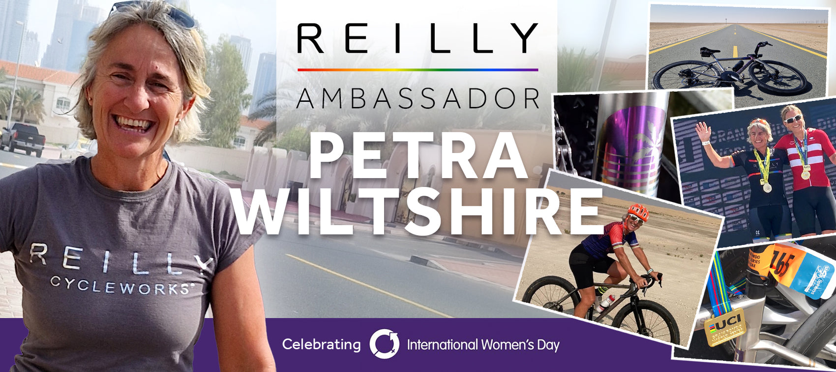 Head and shoulders shot of Petra together with images of her riding her bike and winning races.