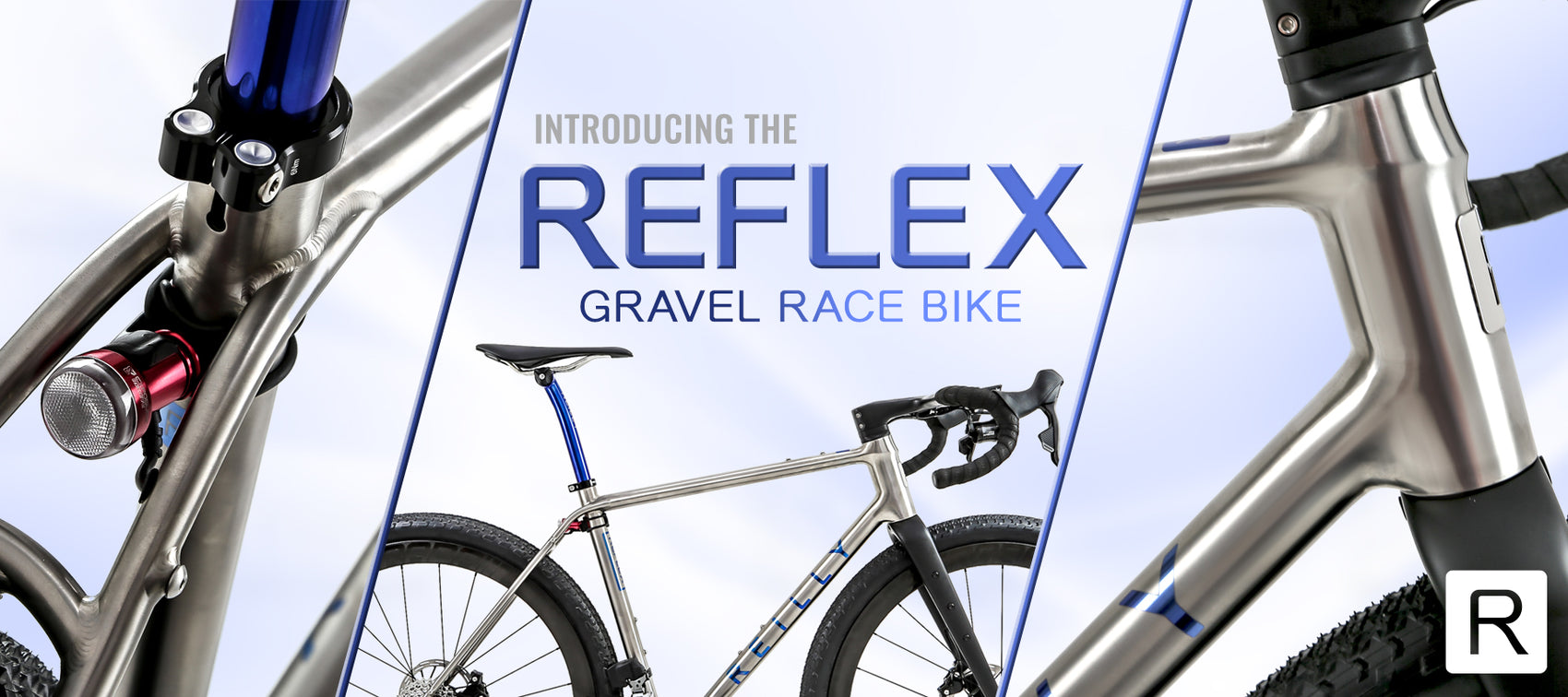 3 close up angles of Reilly Reflex, the titanium gravel race bike. 
