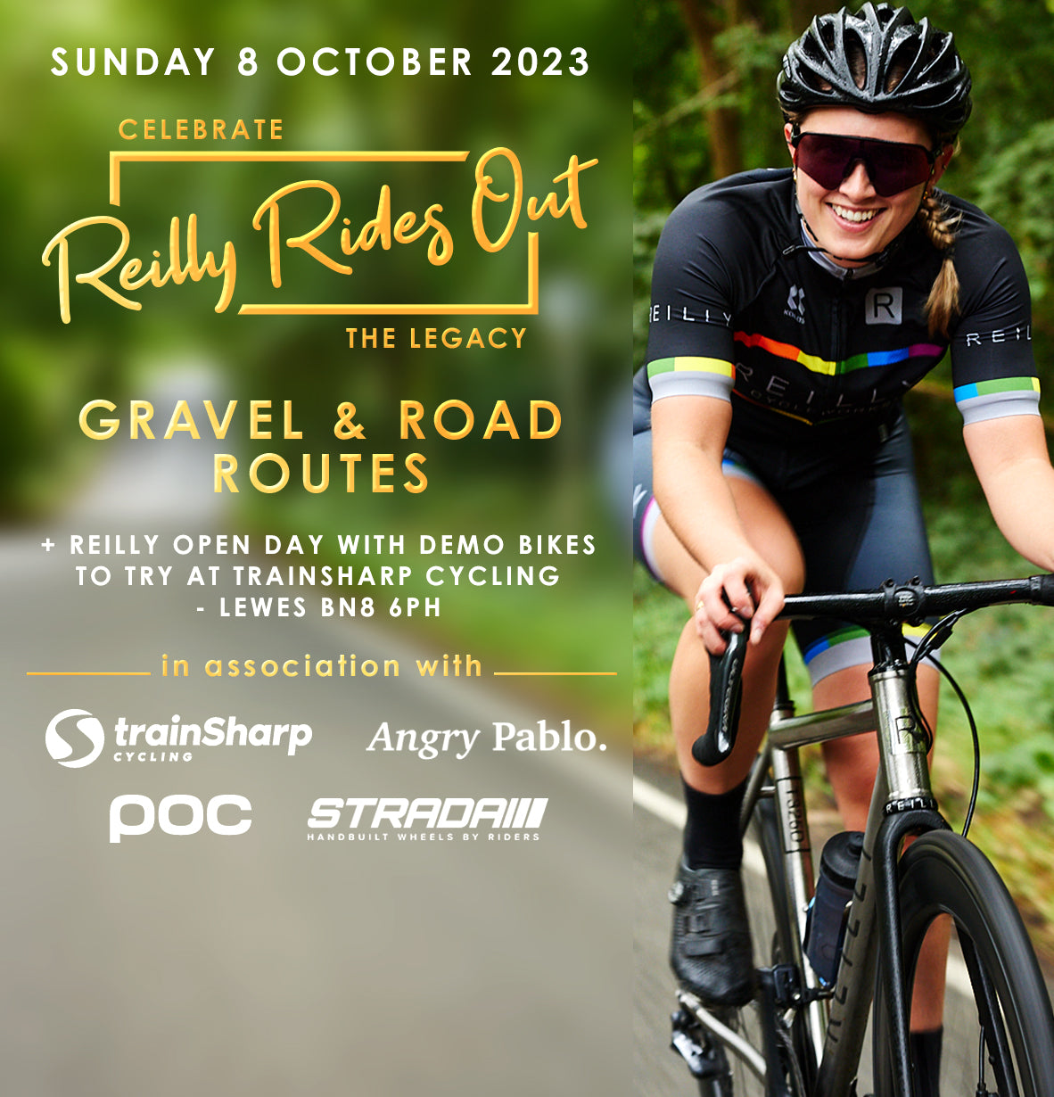 Smiling girl in black cycling kit, black helmet and dark glasses cycles along a road. Plus information about 2023 Reilly Rides Out.