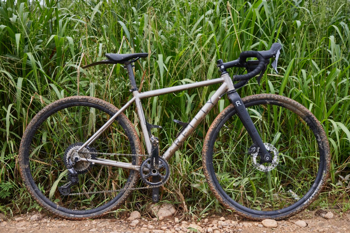 Muddy, gravel bike parked on a gravel path against reeds.