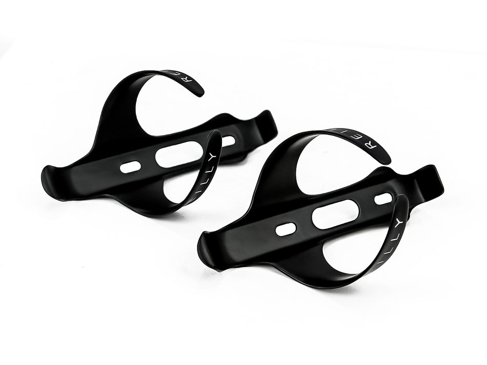 Reilly branded carbon bottle cages on white background 