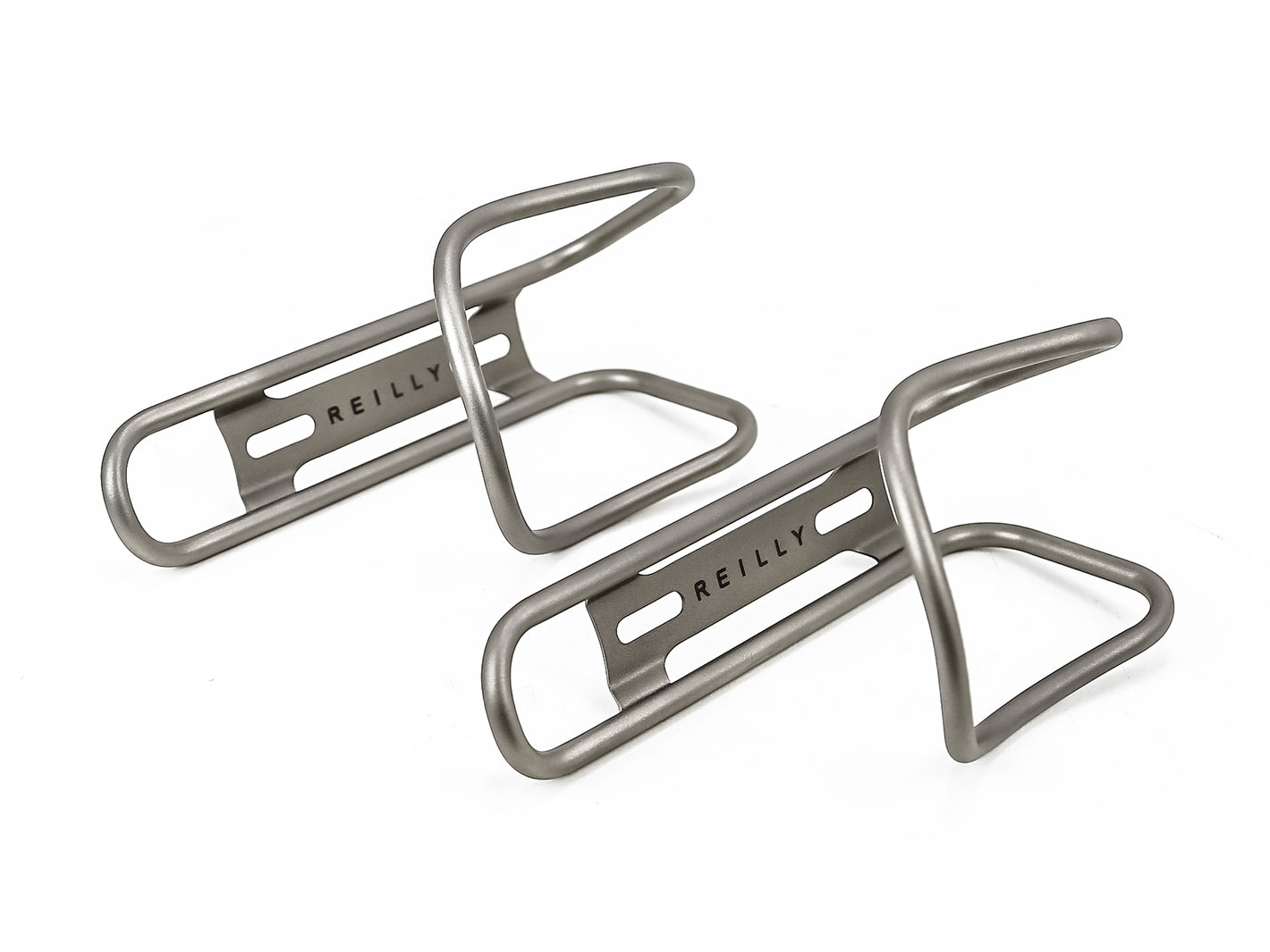 Reilly branded titanium bottle cages on white background 
