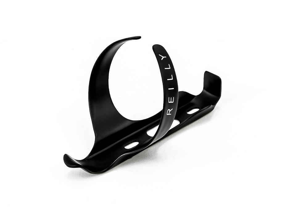 Reilly branded carbon bottle cages on white background  showing Reilly wording on side.