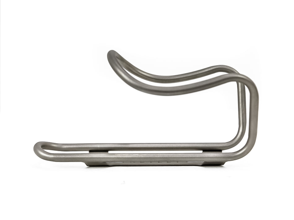Reilly branded titanium bottle cages on white background  side view 