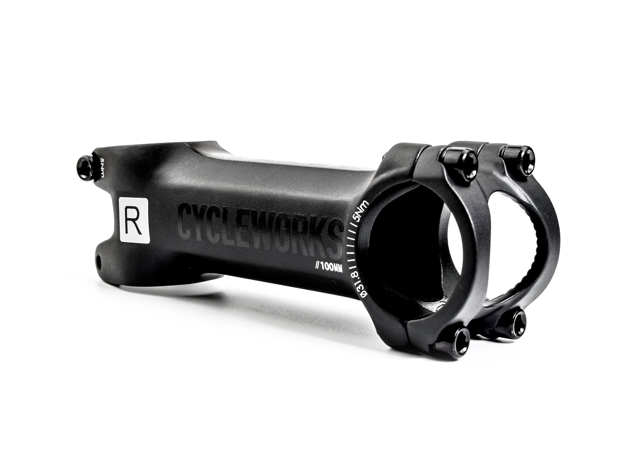 Diagonal view of the Reilly 100 mm stem.  Showing R logo in white box.