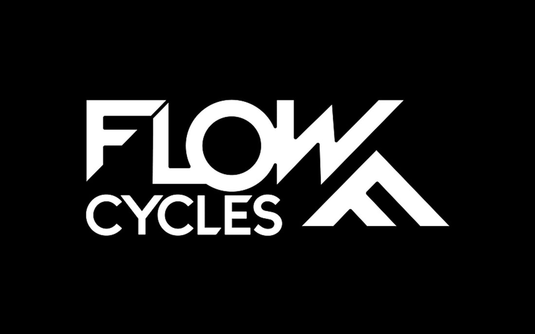 The words flow and cycles on black with F on it's side