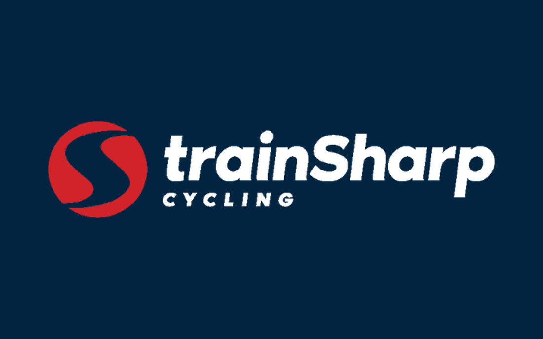 An S in red circle with trainSharp cycling in white on blue background.
