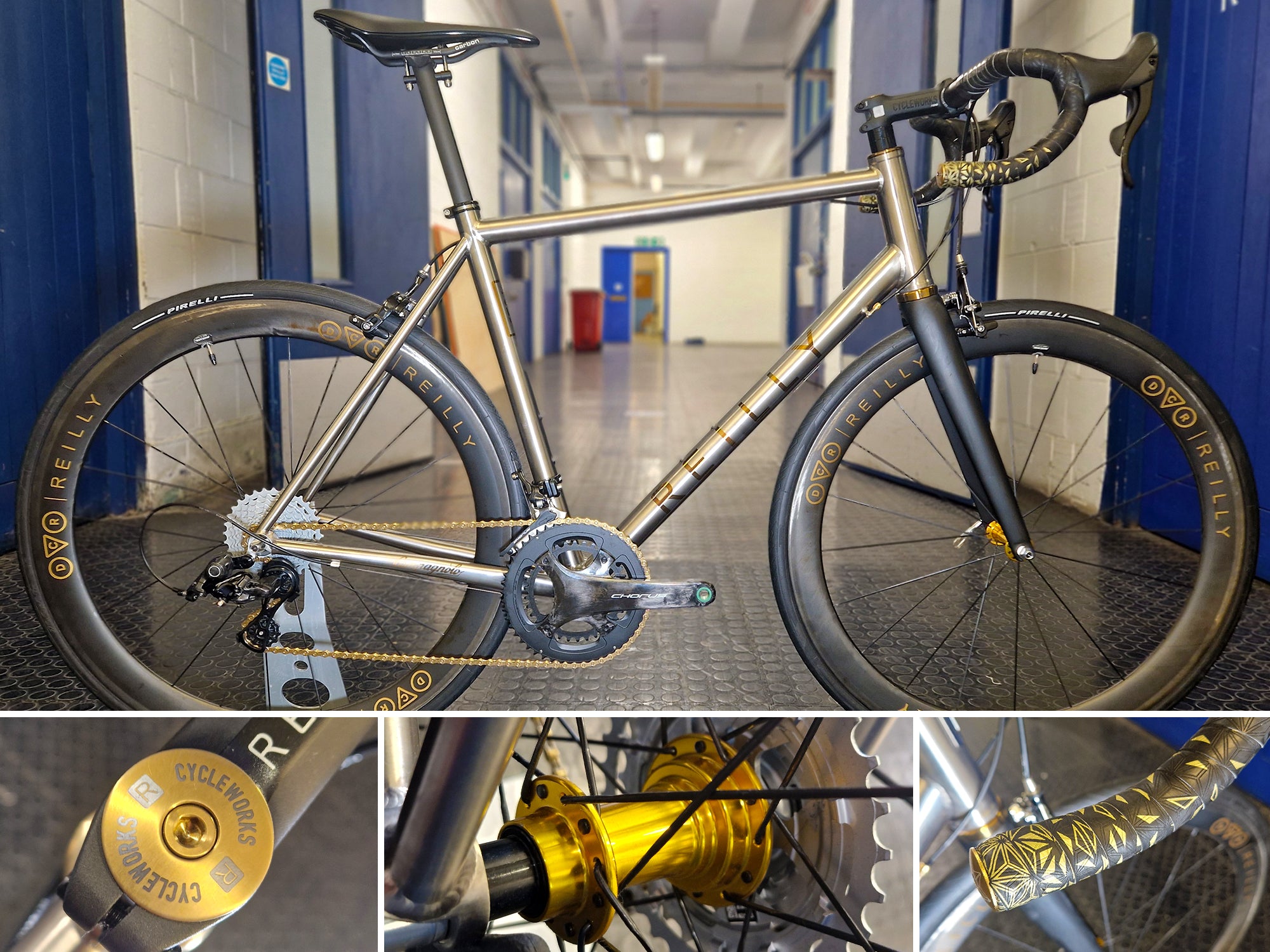 Side image of the gold trim T325 road bike plus close up of the gold hubs, gold headset and gold handlebar tape.