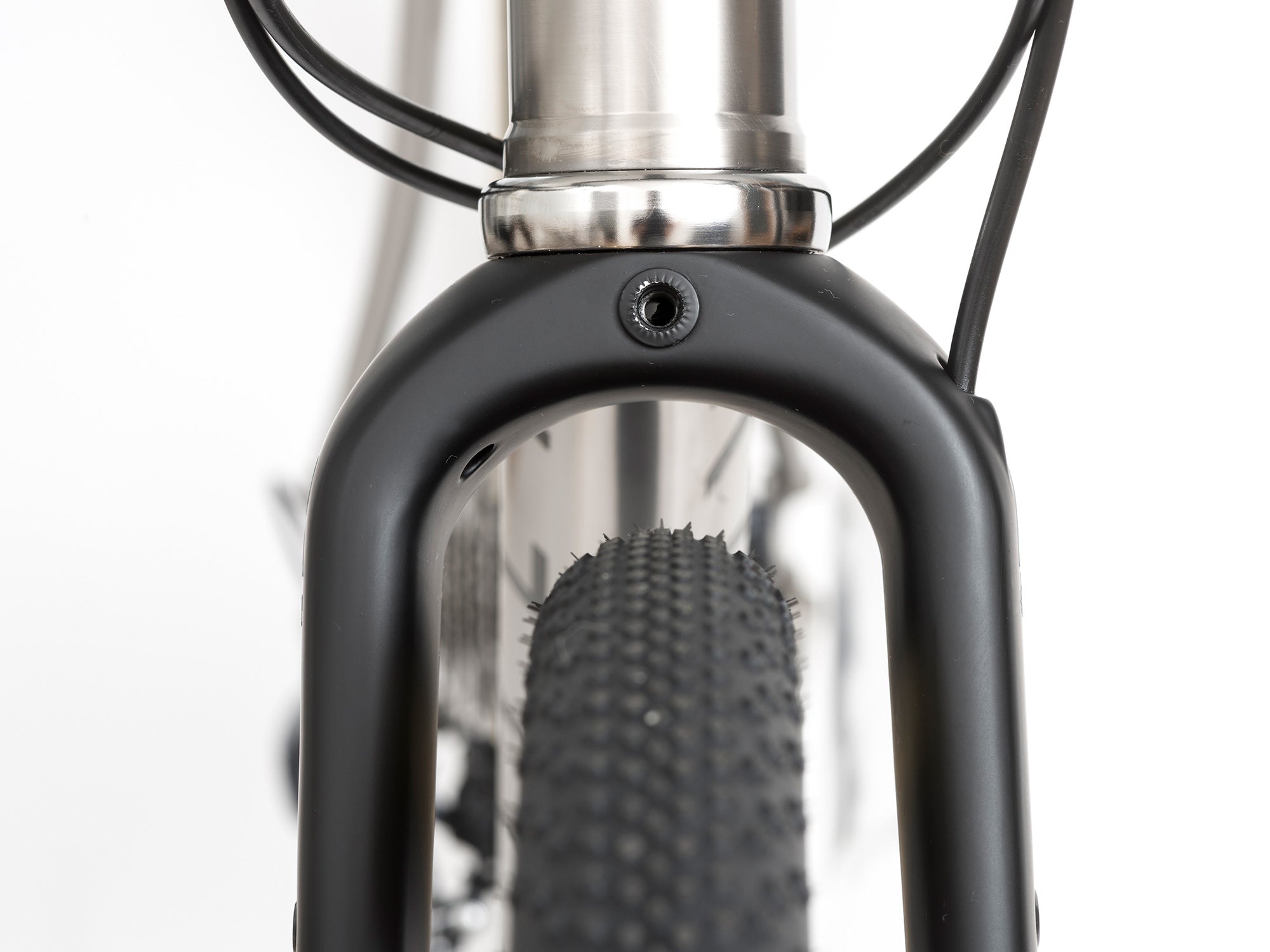 Reilly carbon adventure fork on a bike .  Front on view 