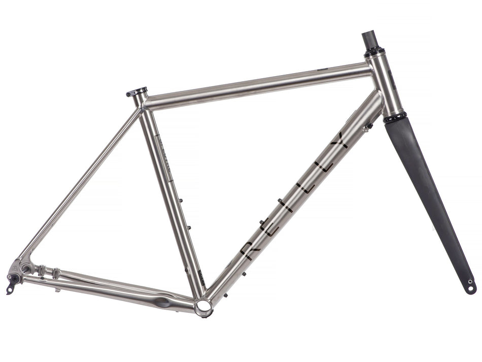 Spectre brushed titanium frameset with black Reilly logo.  Side view .