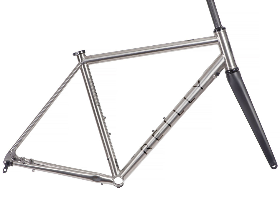 Side view of T325D road frameset.  Brushed titanium frame with black decals. 