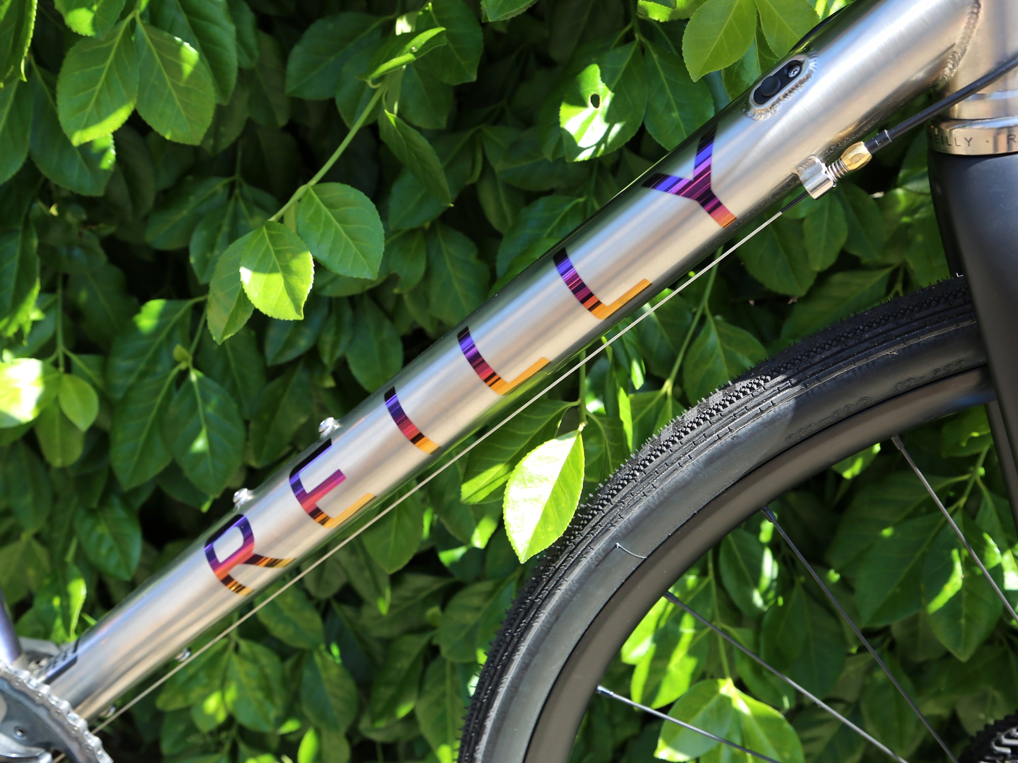 Close up of the Reilly logo in purple, pink and orange  on a polished titanium downtube.