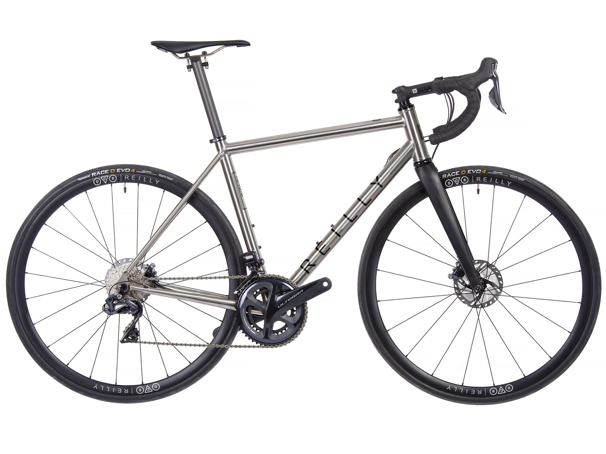 Side view of T640 in burshed titanium with black decals.  Reilly X DCR wheeset and ultegra groupset.