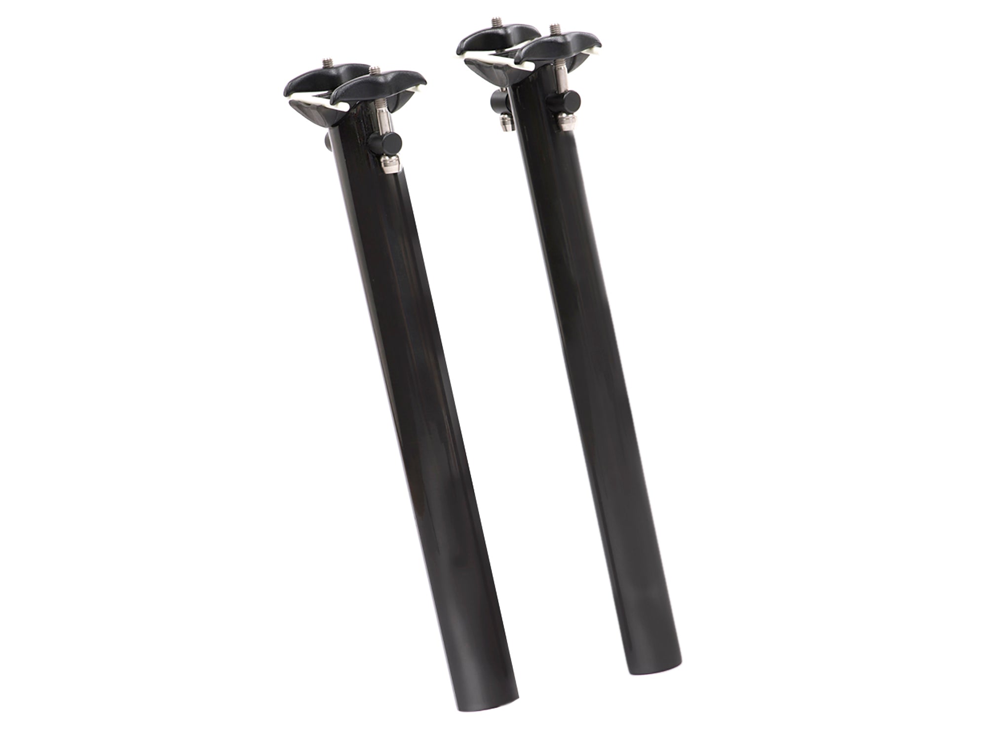 Two carbon seat posts iwth fixings on white background.