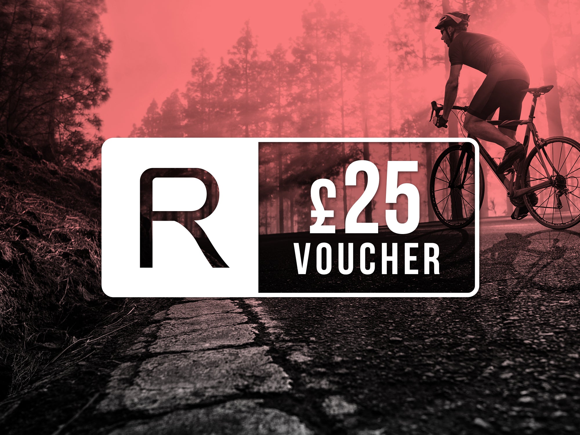 Reilly £25 Gift Voucher showing image of a cyclist in a forest with Reilly logo in the foreground with red tint.