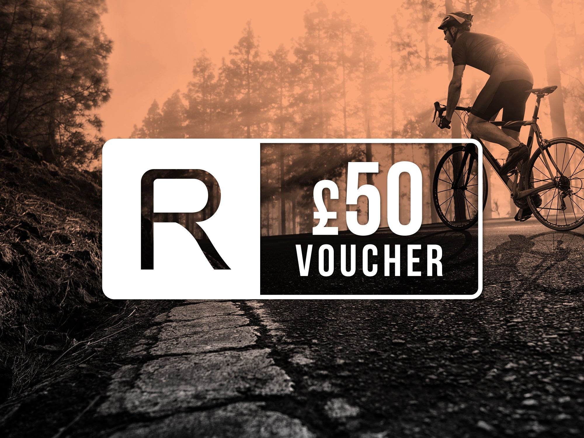 Reilly £50 Gift Voucher showing image of a cyclist in a forest with Reilly logo in the foreground with orange tint.